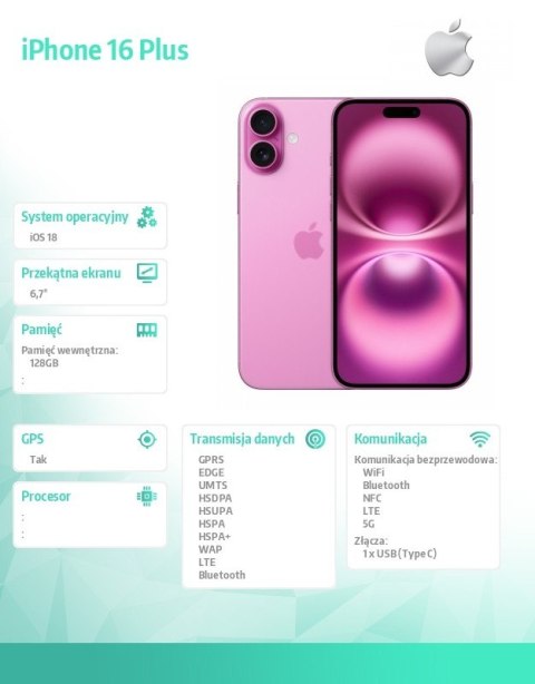 Apple IPhone 16 Plus 128GB - Różowy