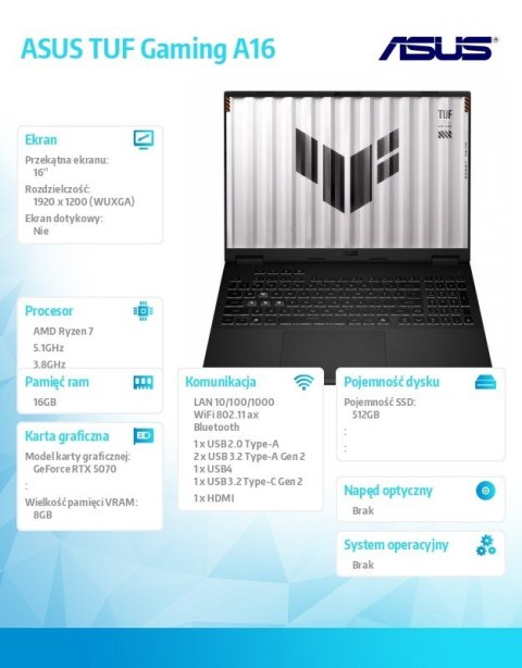 Asus Laptop TUF Gaming A16 FA608UP-R7165 nOS R7-260 16GB/512GB/5070