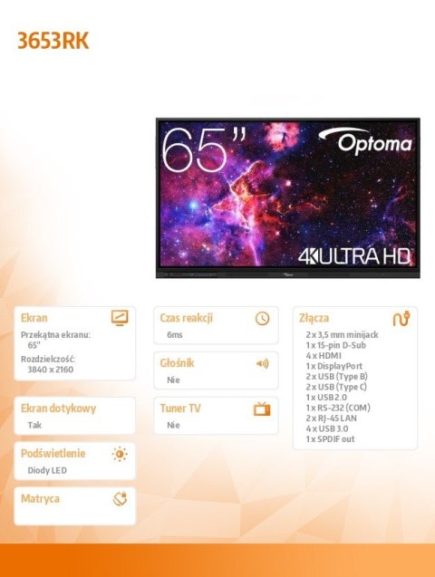 Optoma Monitor interaktywny 65 cali IFPD 3653RK H1F0H06BW101