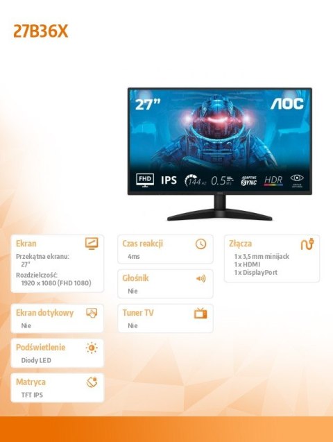 AOC Monitor 27B36X 27 cali IPS 144Hz HDMI DP