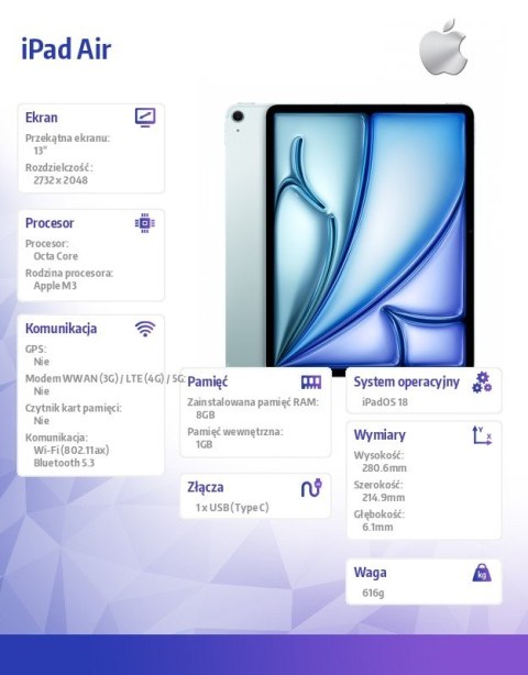 Apple IPad Air 13 cali WiFi 1TB Niebieski