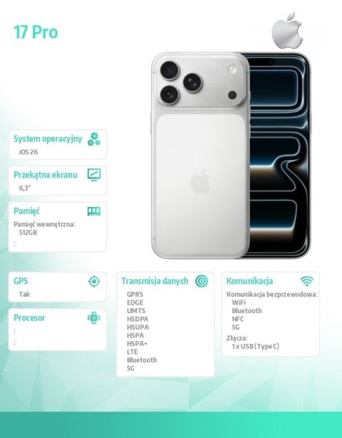Apple IPhone 17 PRO Srebrny 512GB