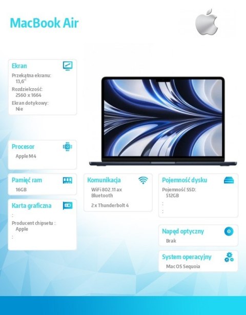 Apple Mabook Air 13.6 M4/10C/10C /16GB/512GB/70W Północ