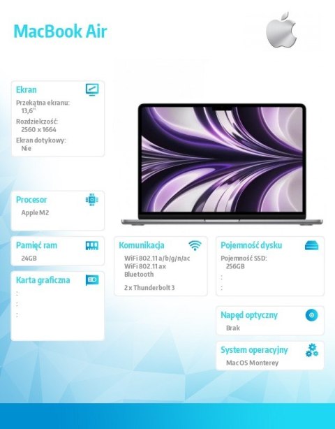 Apple MacBook Air 13,6 cala: M2 8/10, 24GB, 256GB, 30W - Gwiezdna szarość - MC7U4ZE/A/P1/R1