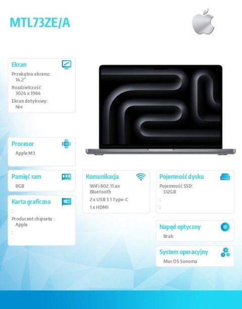 Apple MacBook Pro 14,2 cali: M3 8/10, 8GB, 512GB - Gwiezdna szarość