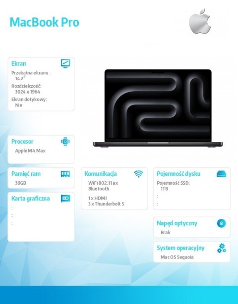 Apple MacBook Pro 14.2 cali: M4 Max 14/32, 36GB, 1TB SSD - Gwiezdna czerń