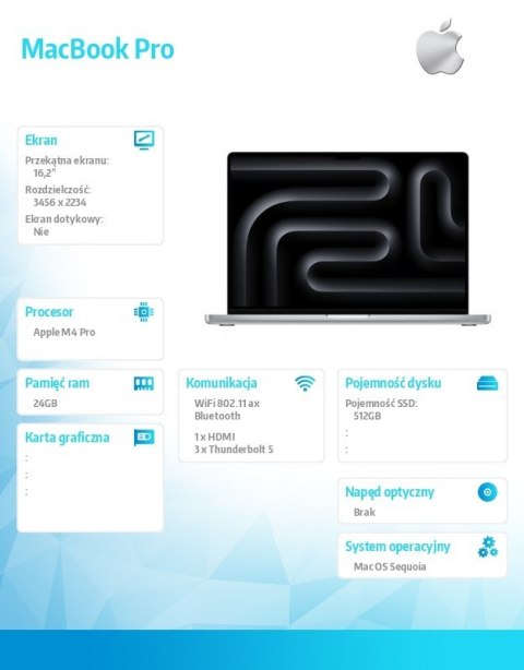 Apple MacBook Pro 16.2 cali: M4 Pro 14/20, 24GB, 512GB SSD - Srebrny