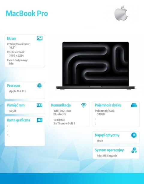 Apple MacBook Pro 16.2 cali: M4 Pro 14/20, 48GB, 512GB SSD - Gwiezdna czerń