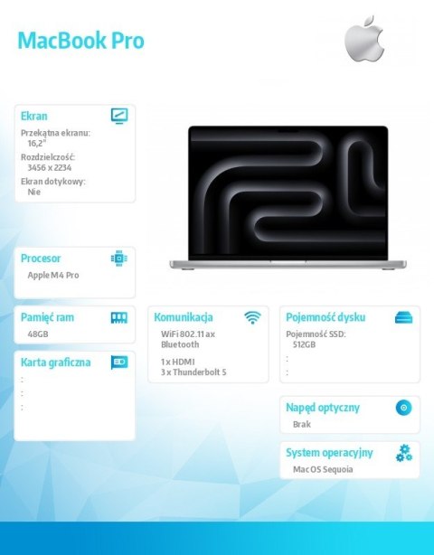 Apple MacBook Pro 16.2 cali: M4 Pro 14/20, 48GB, 512GB SSD - Srebrny