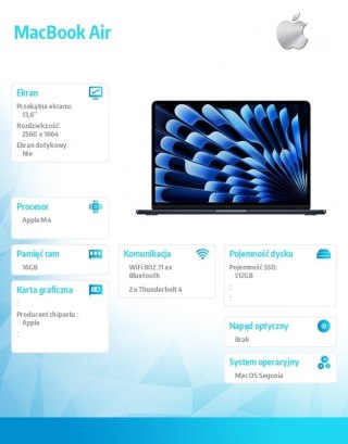 Apple MacBookAir 13 cali /10C GPU/16GB /512GB Czarny