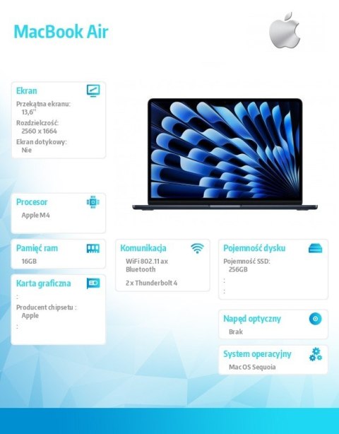 Apple MacBookAir 13 cali /8C GPU/16GB/ 256GB Czarny