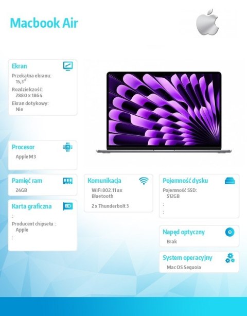 Apple Macbook Air 15.3: M3 8/10, 24GB, 512GB - Gwiezdna szarość MC9H4ZE/A