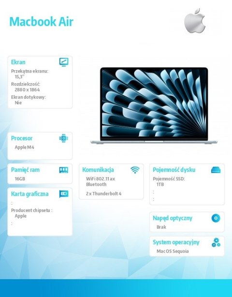 Apple Macbook Air 15.3 M4/10C/10C/ 16GB/1TB/35W Błękitny