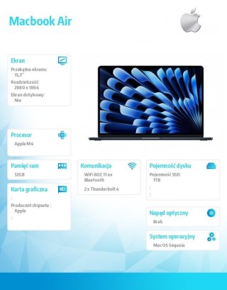 Apple Macbook Air 15.3 M4/10C/10C /32GB/1TB/70W/US Północ