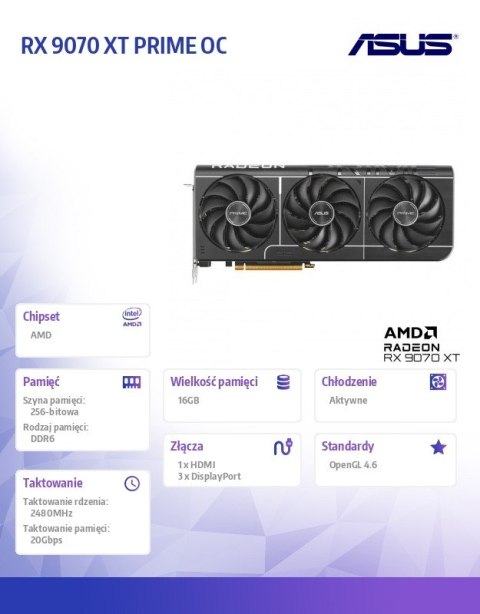 Asus Karta graficzna RX 9070 XT PRIME OC 16 GB GDDR6 256bit DP/HDMI