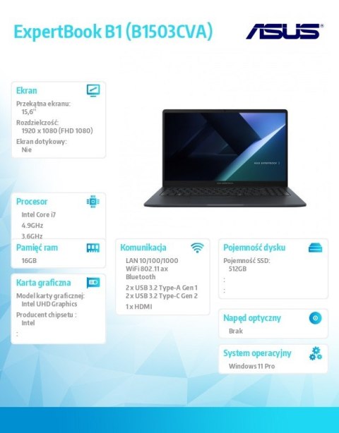 Asus Notebook ExpertBook B1 B1503CVA-S75099X - i7-13620H/16GB/512GB/15.6 FHD/Win 11 PRO/3YRS