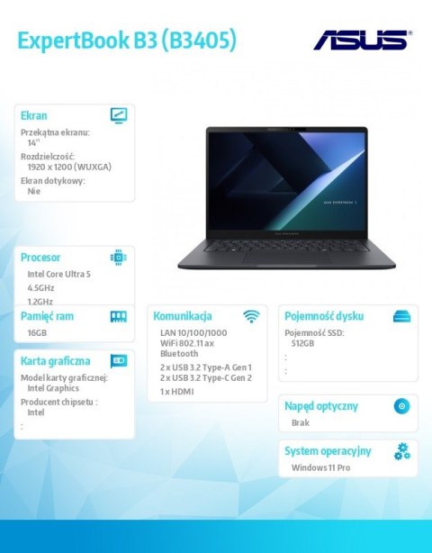 Asus Laptop ExpertBook B3 B3405CCA-LY0105X - ultra 5 125H/16GB/512GB/14 WUXGA/Win 11 PRO/3YRS