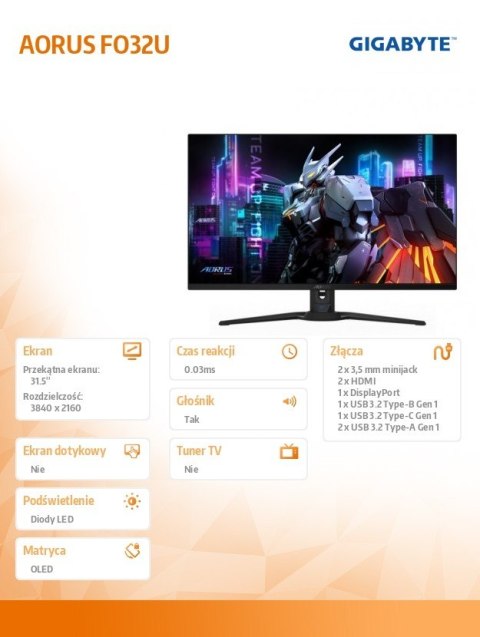 Gigabyte Monitor 31.5 cala AORUS FO32U OD-OLED 165Hz UHD 4K HM
