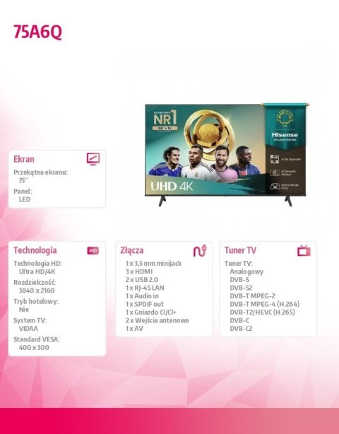 Hisense Telewizor LED 75 cali 75A6Q