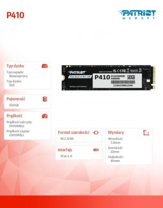 Patriot Dysk SSD 500GB P410 PCIe M.2 Gen4 x4 NVMe 1.4 2280 5000/2300MB/s