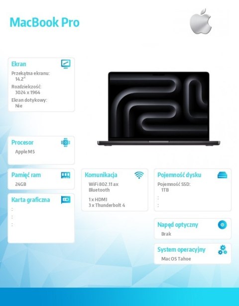 Apple MacBook Pro 14.2 cala: M5 10C/10C, 24GB, 1TB SSD - Gwiezdna czerń