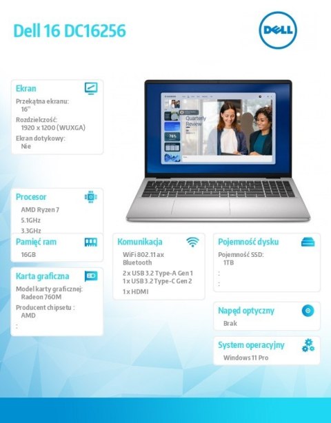 Dell Laptop Dell 16 DC16256 W11P R7-250|16GB|1TB|AMD Radeon|FgrPr|WLAN+BT|16.0 FHD+|Backlit Kb|4C|65W|3YPS Platinum Silver (Metal)