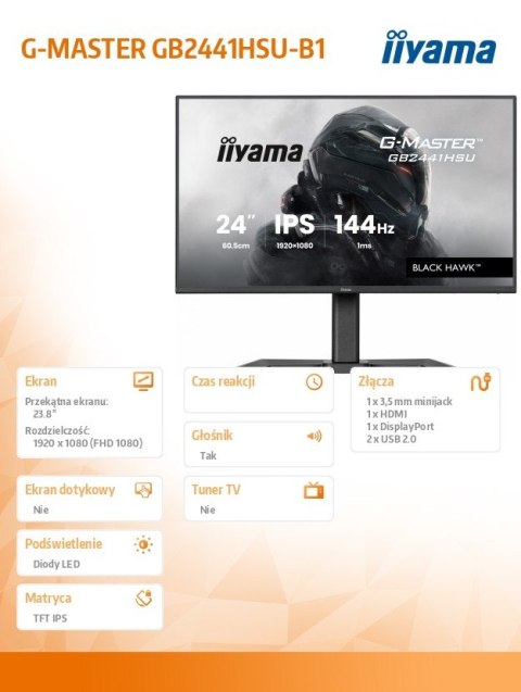 IIYAMA Monitor 23.8 cala GB2441HSU-B1 IPS,FHD,144Hz,1ms,2xUSB,350cd,HDMI,DP,HAS (150) PIVOT