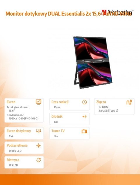 Verbatim Monitor dotykowy DUAL Essentialis 2x 15,6 Full HD 60Hz