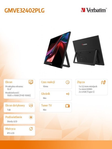 Verbatim Przenośny monitor dotykowy Light 15,6 Full HD Portable