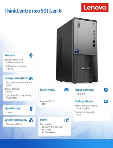 Lenovo Komputer ThinkCentre Neo 50t G6 TOWER 13BD003MPB W11Pro Ultra 5 225/16GB/1TB/INT/BLACK/DVD/3YRS OS + 1YR CI