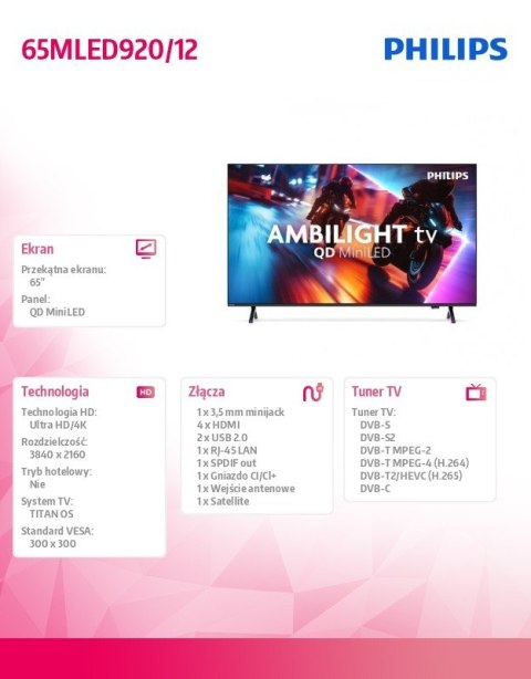 Philips Telewizor QD MiniLED 65 cali 65MLED920/12