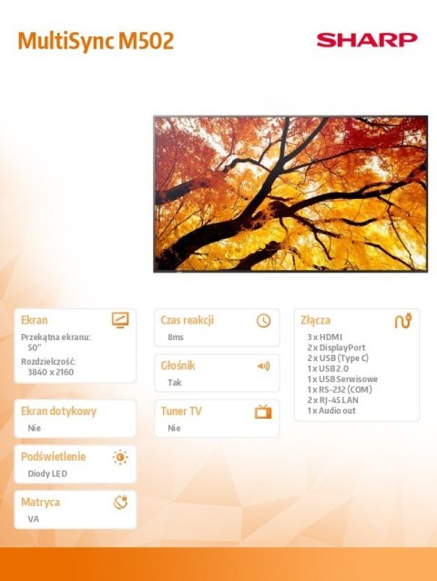 Sharp Monitor wielkoformatowy MultiSync M502 50 cali 550cd/m2 24/7