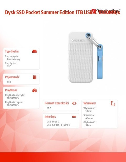 Verbatim Dysk SSD Pocket Summer Edition 1TB USB-C 1000MB/s
