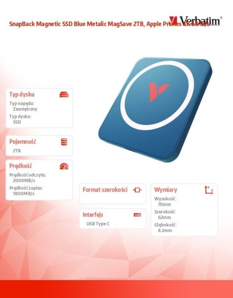 Verbatim SnapBack Magnetic SSD Blue Metalic MagSave 2TB, Apple ProRes 4K 60 kl/s