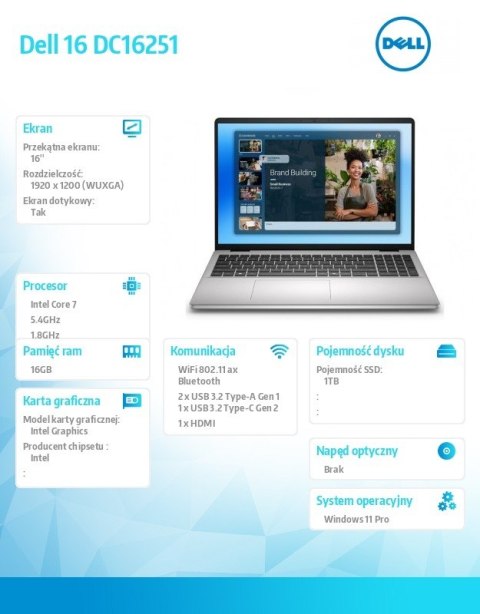 Dell Laptop Dell 16 DC16251 W11P C7-150U|16GB|1TB|Intel Graphics|FgrPr.|WLAN + BT|16.0 16.10 2K Touch|BcklKb|4C|65W|3YPS Platinum Sil