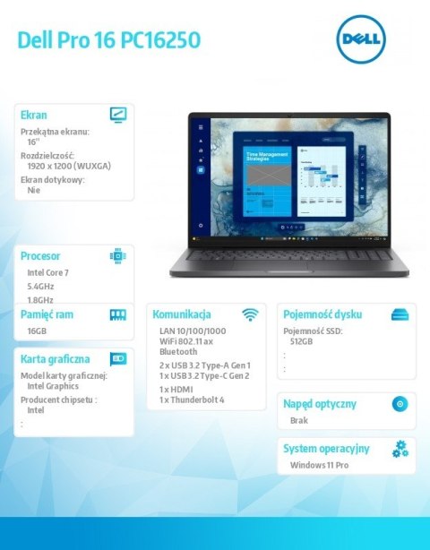 Dell Laptop Dell Pro 16 PC16250 W11P C7 150U/16GB/512GB CL25/FgrPr/FHD IR Cam&Mic/WLAN+BT/16.0 FHD+/BcklKb/3C/3YPS Magnetite color, t