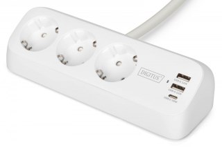 Digitus Listwa zasilająca biurkowa, 3 gniazda Schuko, 2x USB-A (2x 12W), 1x USB-C (30W) z zaciskiem na blat, kabel 1,5m, biała