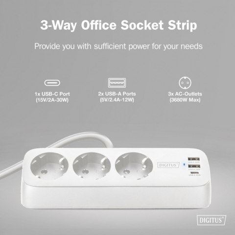 Digitus Listwa zasilająca biurkowa, 3 gniazda Schuko, 2x USB-A (2x 12W), 1x USB-C (30W) z zaciskiem na blat, kabel 1,5m, biała