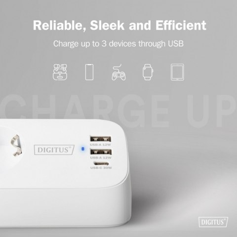 Digitus Listwa zasilająca biurkowa, 3 gniazda Schuko, 2x USB-A (2x 12W), 1x USB-C (30W) z zaciskiem na blat, kabel 1,5m, biała