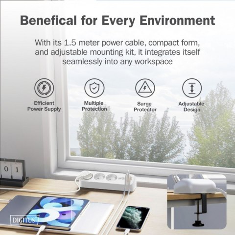 Digitus Listwa zasilająca biurkowa, 3 gniazda Schuko, 2x USB-A (2x 12W), 1x USB-C (30W) z zaciskiem na blat, kabel 1,5m, biała