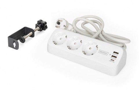 Digitus Listwa zasilająca biurkowa, 3 gniazda Schuko, 2x USB-A (2x 12W), 1x USB-C (30W) z zaciskiem na blat, kabel 1,5m, biała