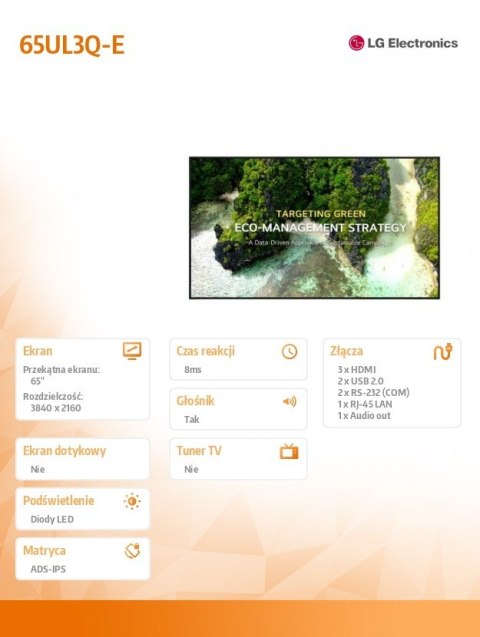 LG Electronics Monitor wielkoformatowy 65 cali 65UL3Q-E 350nit UHD 16/7