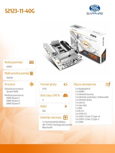 Sapphire Technology Płyta główna PURE B850A WIFI7 AM5 4DDR5 mATX
