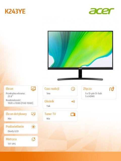 Acer Monitor 24 cale K243YEBMIX FHD 100Hz IPS HDMI VGA