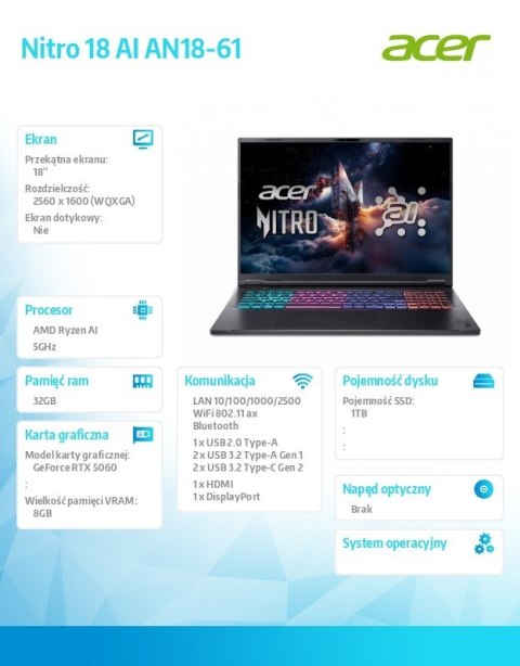 Acer Notebook Nitro 18 AI AN18-61-R3FV ESHELL/Ryzen 9 AI 365/32GB/1TB/RTX5060/18 cali