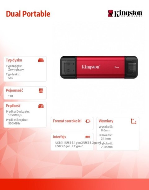 Kingston Dysk zewnętrzny SSD 1TB DualPortable USB-A/C 3.2 Gen2