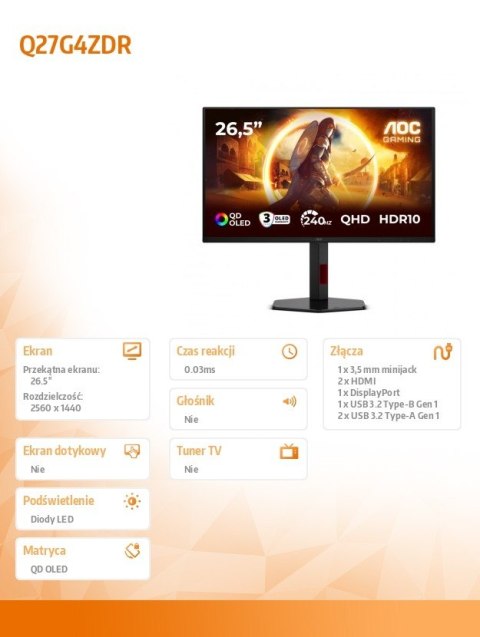 AOC Monitor 26.5 cala Q27G4ZDR QD-OLED 240Hz HDMIx2 DP
