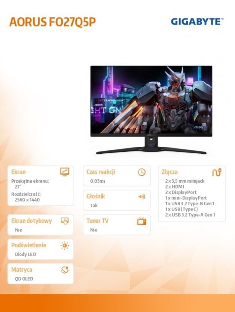 Gigabyte Monitor 27 cali FO27Q5P QD-OLED/500Hz/2K/HDMI