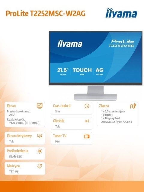 IIYAMA Monitor 22 cale T2252MSC-W2AG 10 PKT. POJ,IPS,HDMI,DP,2x1W,7H,2xUSB, AG-(Anti Glare)