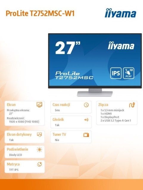 IIYAMA Monitor 27 cali T2752MSC-W1AG 10 PKT. POJ,IPS,HDMI,DP,2x1W,7H,2xUSB, 400cd/m2,AG-(Anti Glare)